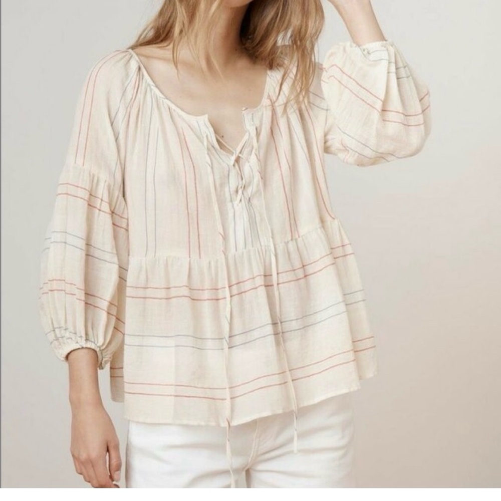 Velvet by Graham & Spencer Cream Peasant Blouse with Red & Blue Stripes